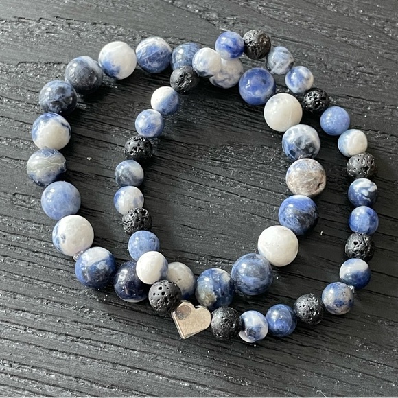 Sodalite & Lava Stone - Handmade Beaded Bracelet Set - Picture 6 of 10